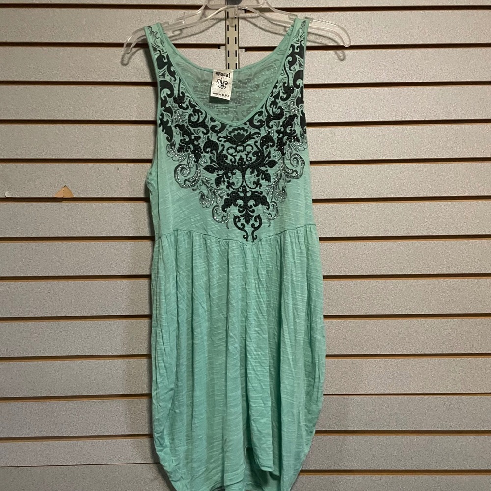 Vocal Womens Teal Embellished Tank Dress Tunic‎ Shirt Made in USA M
